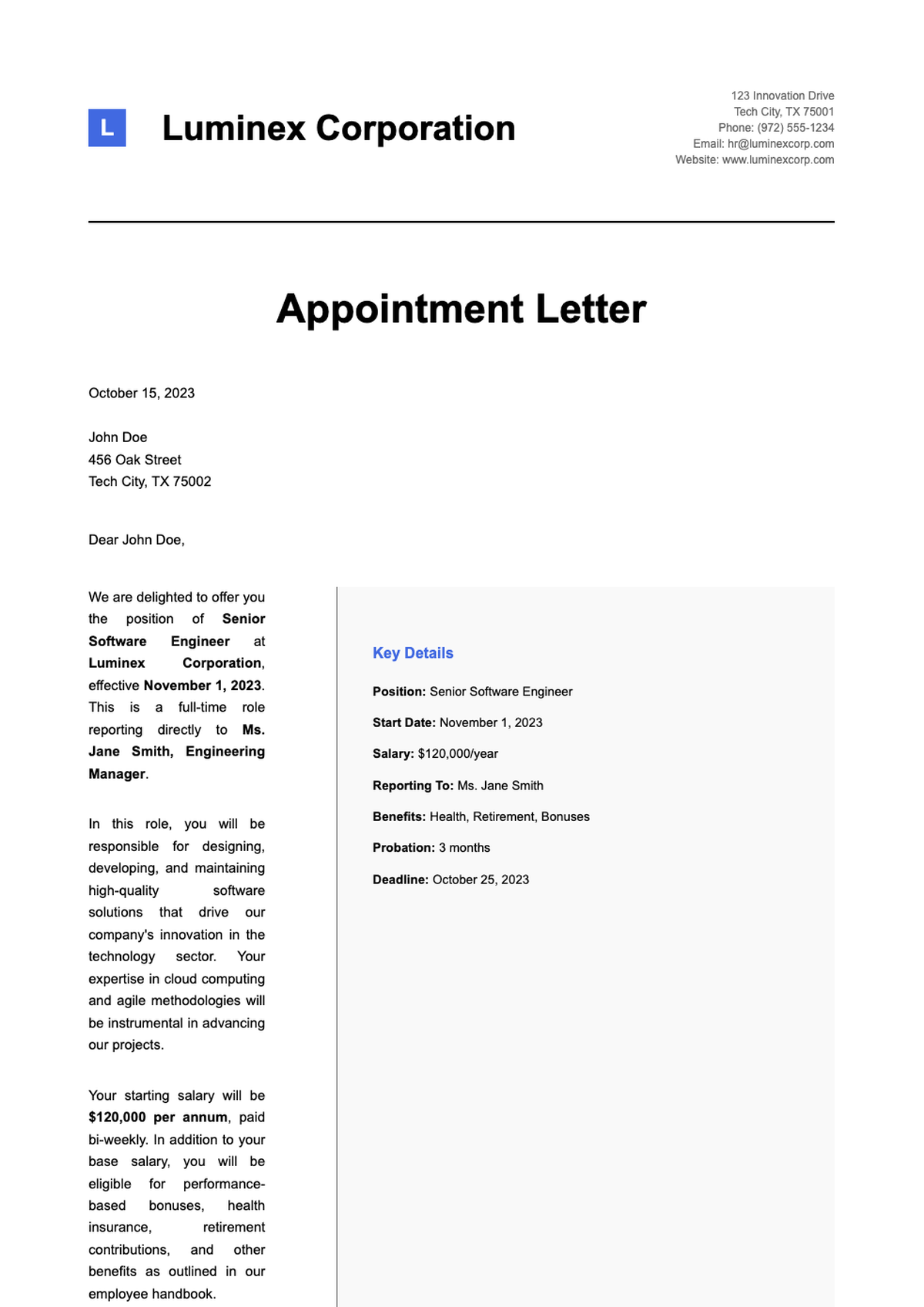 Professional appointment letter template with company branding and placeholder fields_variant_3